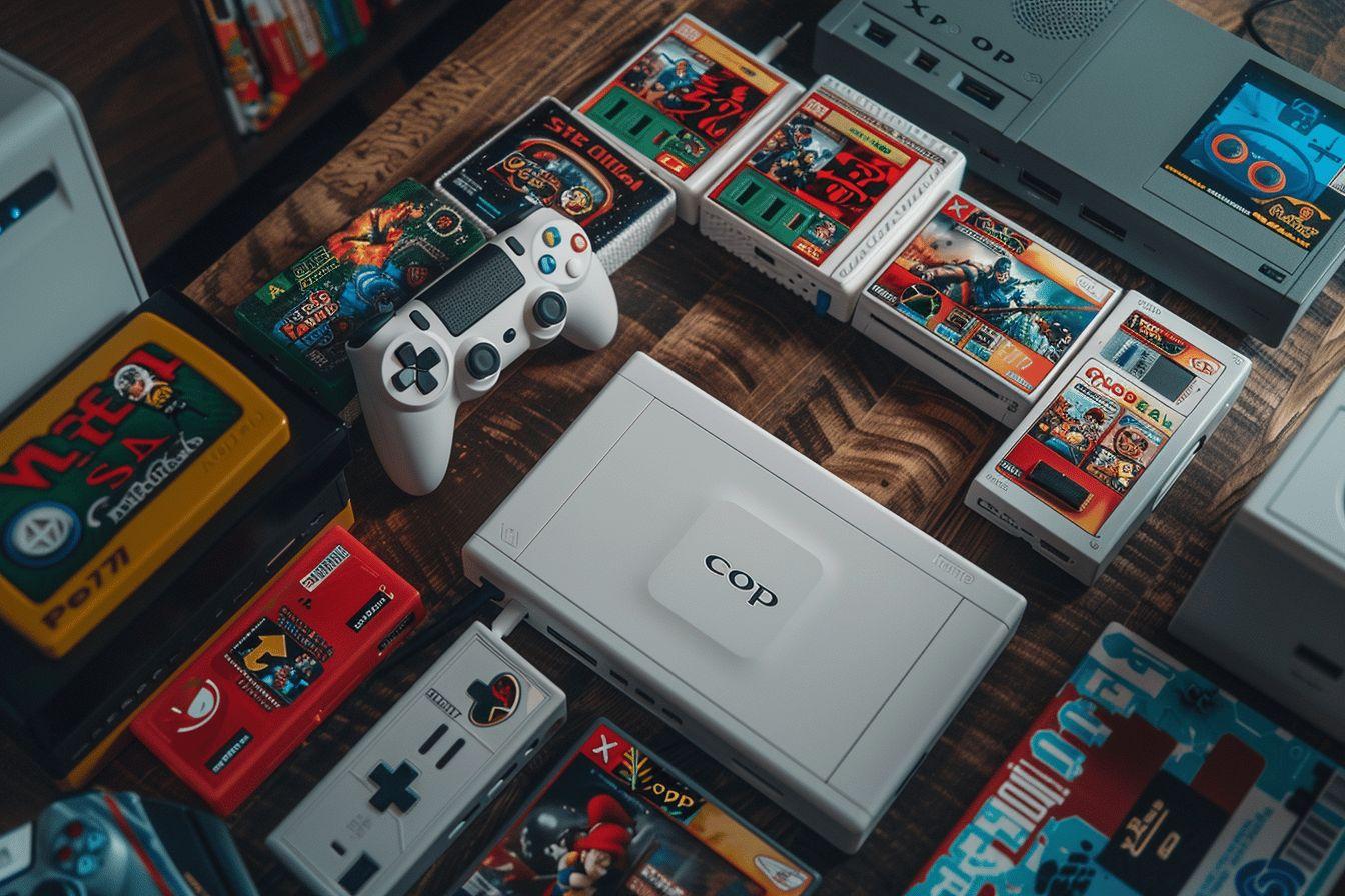 Diversos juegos y controles de videoconsolas antiguas sobre una mesa de madera.