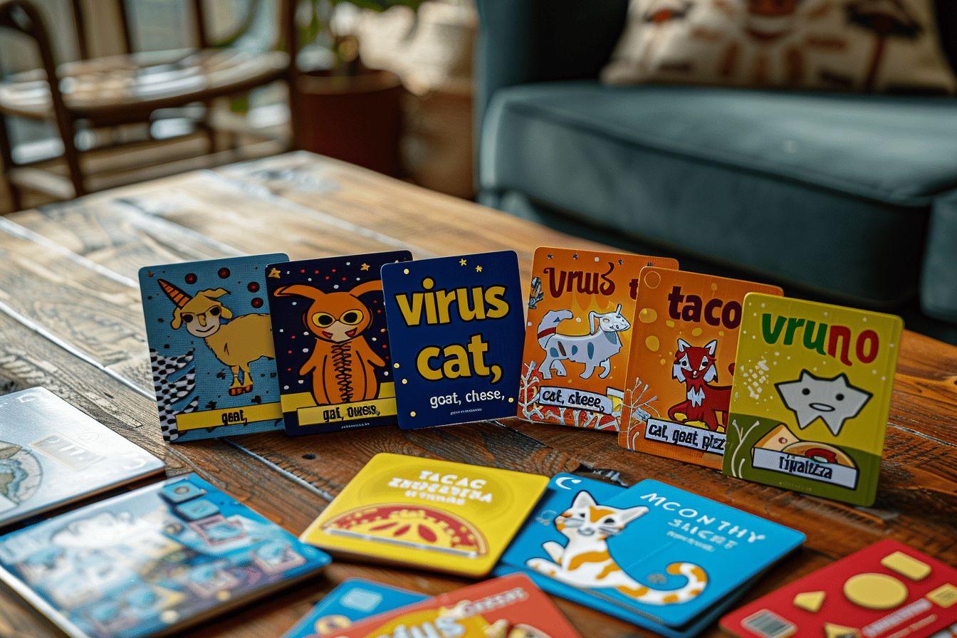 Variedad de libros y juegos con diseños de gatos sobre una mesa de madera